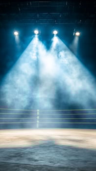 Boxing ring illuminated by spotlights in smoky arena for competition preparation photo