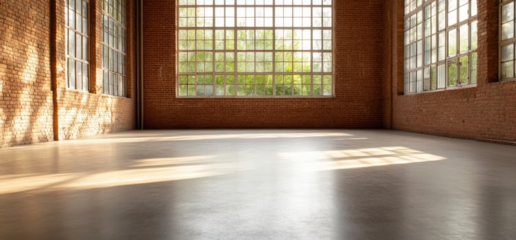 Bright empty room with polished concrete floor and sunlight streaming through windows photo