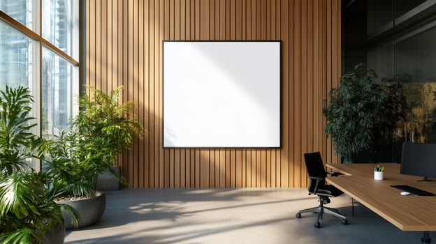 Bright interior with blank frame wood wall and desk for office mockup photo