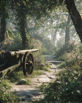 Scenic military park trail cutting through dense forest with vintage artillery pieces in camouflage colors blending into the background photo
