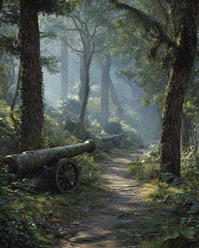 Peaceful wooded trail in military heritage park with old artillery installation painted in camouflage tones among tall forest trees photo