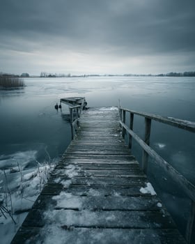 Remote snow covered lake dock surrounded by frozen water with cracked ice texture and moody gray winter sky creating lonely atmosphere photo