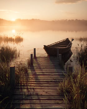 Misty morning lake scene with tranquil wooden dock and soft reflections on calm water bathed in serene sunrise colors and quiet stillness photo