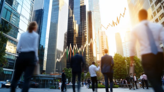 Business people walking in financial district with market chart overlay photo