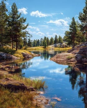 Tranquil lake in rural park during summer with calm reflective water bordered by pine trees and rocky ground under clear blue sky atmosphere photo