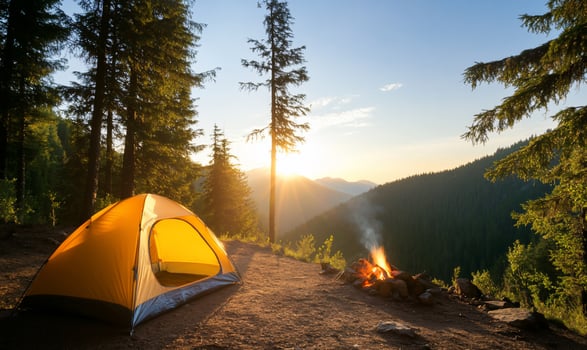 Camping tent and campfire at sunrise in mountainous landscape outdoor adventure photo