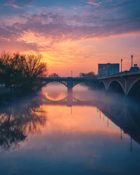 Calm early morning city river scene with soft sunrise light and mist gently rising from the quiet reflective surface of the water photo