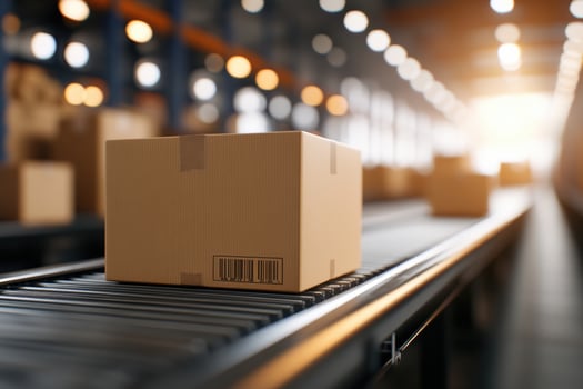 Cardboard box on conveyor belt automated warehouse system photo