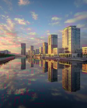 Calm sunset over a quiet urban river with city skyline reflecting on the surface of still waters under warm fading light of the evening photo
