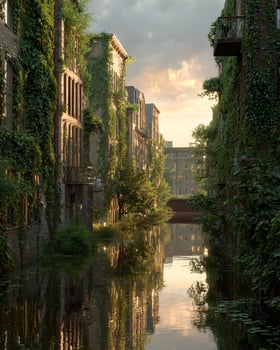 Evening light over ivy lined urban canal with reflections of heritage buildings dancing on the calm surface of the slowly moving water photo