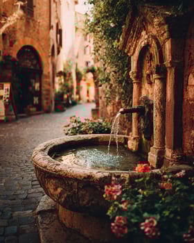 Old Mediterranean town square featuring vintage stone fountain surrounded by cracked pavement and weathered terracotta colored building walls photo