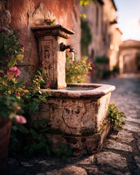 Traditional Mediterranean plaza with historic fountain set among cracked stone tiles and faded terracotta facades bathed in warm sunlight photo
