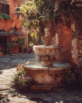 Timeless stone fountain in Mediterranean village square with rustic charm weathered textures and sunlit terracotta colored buildings photo
