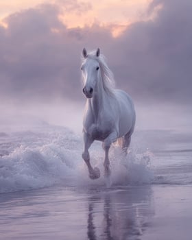 Elegant white stallion charging along a quiet misty beach with splashes of ocean water rising around its hooves in dramatic slow motion photo