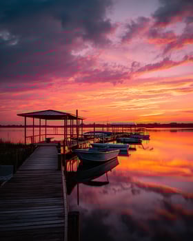 Wooden boat dock extending into calm lake at sunset with vibrant orange sky reflecting on glowing water surface in tranquil nature scene photo