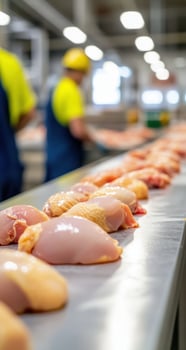 Chicken meat production line inside food processing factory photo