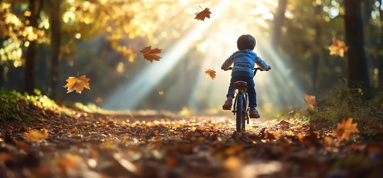 Child cycling through autumn forest sunlight on leaf covered path photo