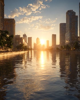 Tranquil city river under glowing sunset light with skyline reflections on calm water surface and contemporary architecture creating balance photo