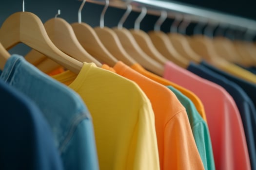Clothing rack displaying colorful shirts on wooden hangers photo