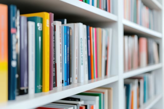 Colorful books arranged on white bookshelf for reading and education photo