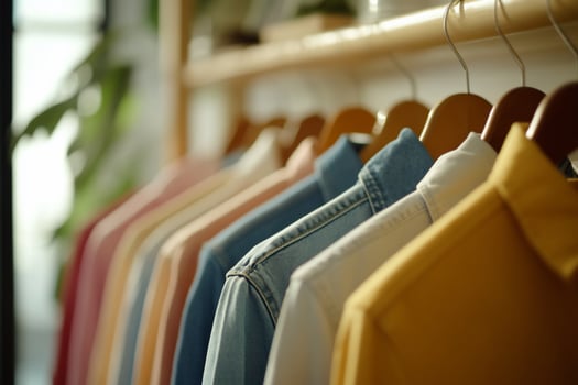 Colorful shirts hanging on rack clothing and fashion display photo
