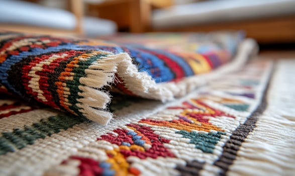 Colorful textured rug with intricate pattern and folded edge photo