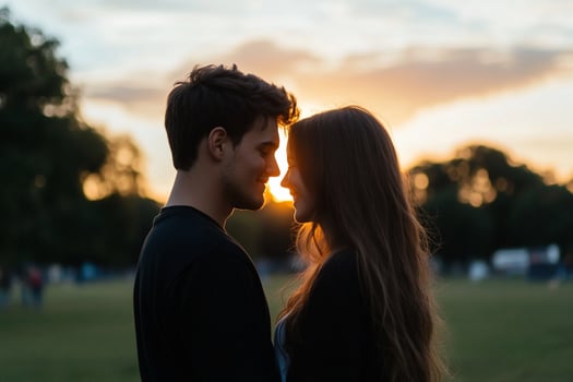 Couple silhouette at sunset loving relationship photo