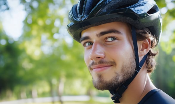 Cyclist portrait close up with helmet headshot outdoor active lifestyle photo