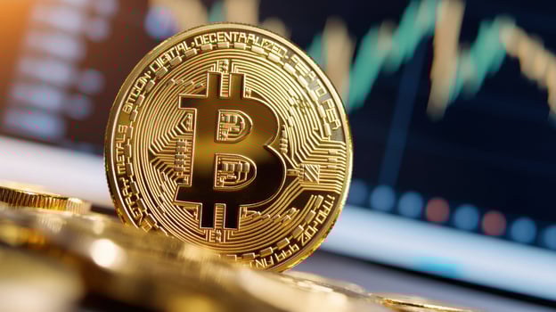 Digital currency golden coin investment pile with financial chart background photo
