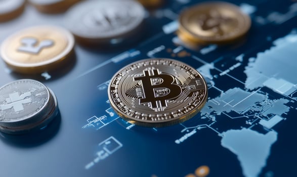 Digital currency financial investment concept on world map graphic photo