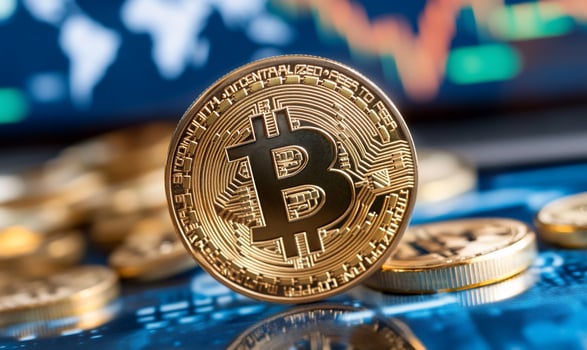 Digital currency investment strategy with golden metal coins and financial charts photo