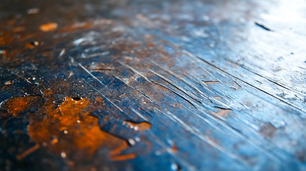 Distressed paint surface with peeling blue and rust texture background photo