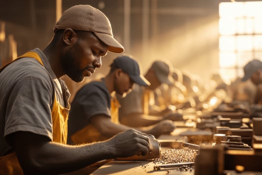 Diverse group of carding tool grinders collaborating in a well-lit workshop during a busy workday photo
