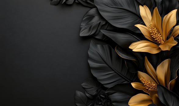 Elegant gold flower with black leaves background pattern for decoration and creative design photo