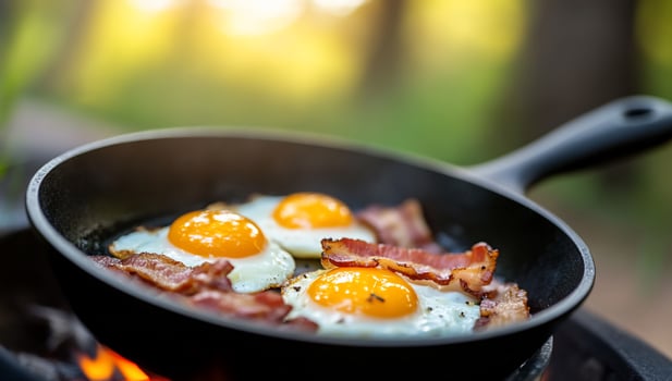 Fried eggs and bacon cooking over fire for a camping breakfast photo