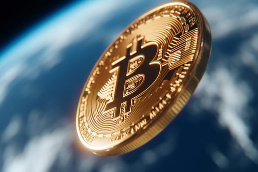 Gold coin on abstract blue background representing finance and digital currency photo