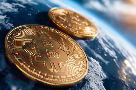 Golden tokens on abstract planet concept for finance and technology photo