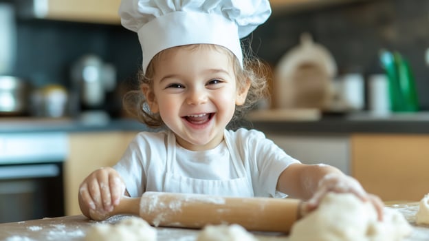 Happy child baker preparing dough in kitchen wearing chef hat photo