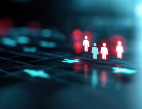 Human figure icons on abstract digital network photo