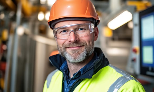 Industry portrait of a worker with hard hat and safety glasses photo