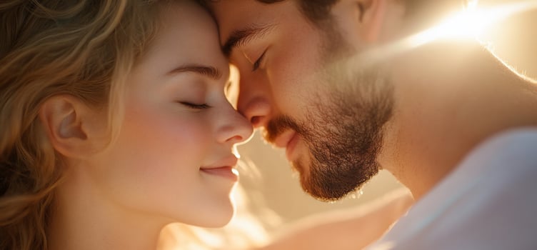 Intimate couple embrace in warm sunlight close up portrait photo