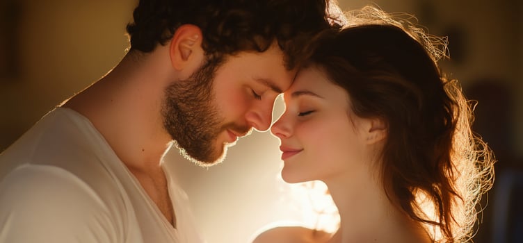 Intimate couple head touch forehead in soft light expressing love and connection photo