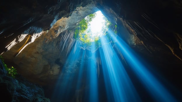 Light beams illuminate dark cave interior rock formations and green foliage photo