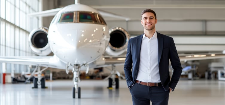 Man in suit stands near private airplane in hangar business travel aviation photo