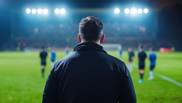 Man observing sport match from field at night photo