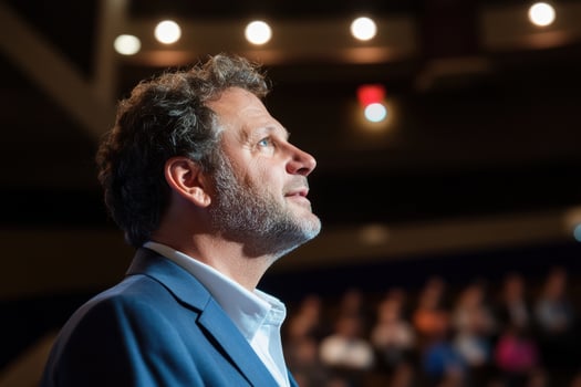 Man presenting to audience at conference speaking engagement photo