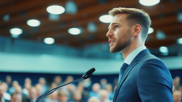 Man presenting speech to audience at business conference photo