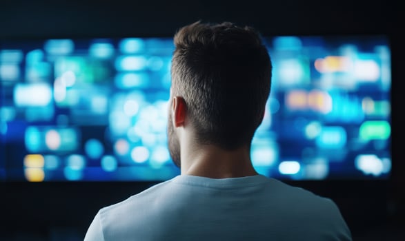 Man watches a screen displaying multiple blurred images representing digital technology and modern entertainment photo