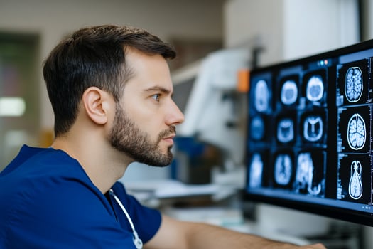 Medical professional analyzing brain scan images on computer screen photo