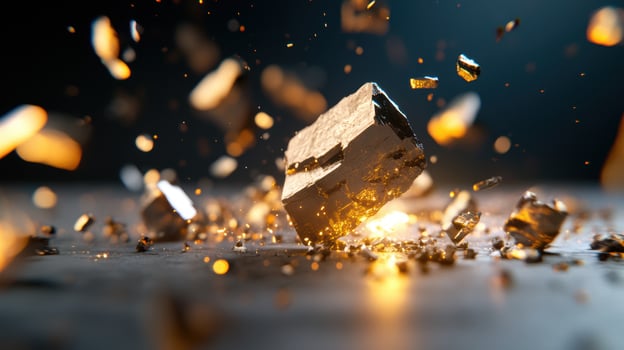 Metallic cube explosion with golden fragments on dark background texture photo